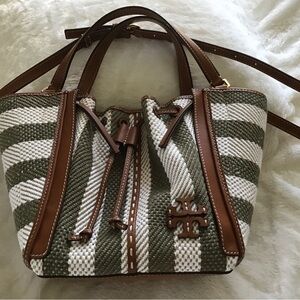 Tory Burch green and white canvas bag with leather trim